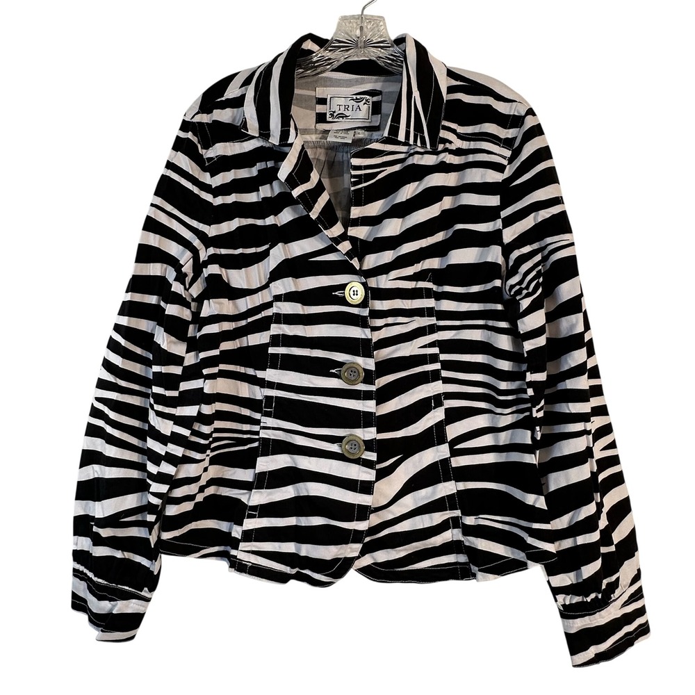 TRIA Womens Zebra Print Button Front Jacket‎ Black White Size L Cotton Spandex